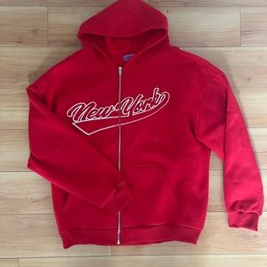 Edikted Red New York Oversized Zip-Up Sweatshirt